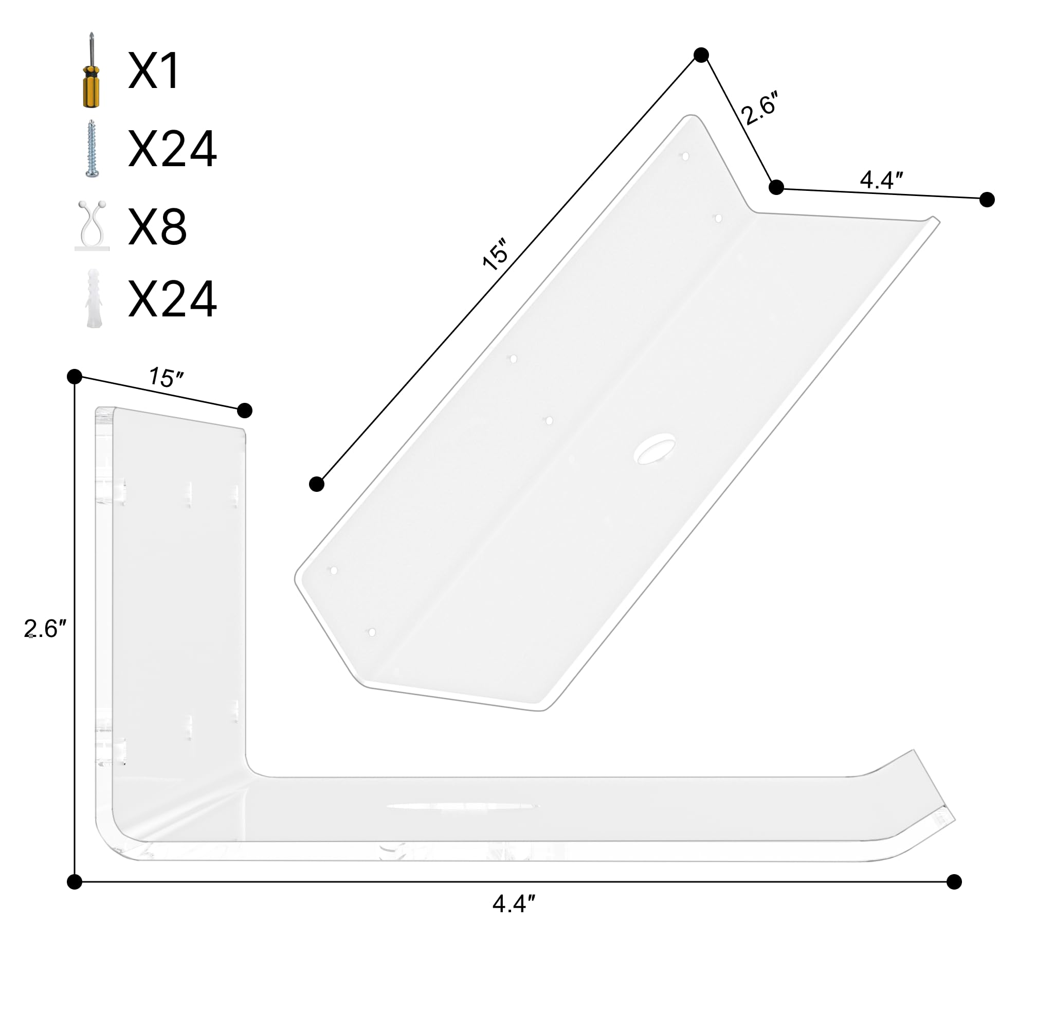 Clear Acrylic Floating Shelves 4 Pack, 15'' Wall Mounted Shelves for Bedroom, Bathroom, Living Room, Gaming Room with Free Tool and Accessories