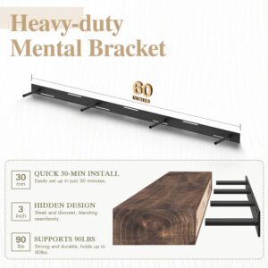 Eshoma Fireplace Mantel, 60 Inch Handcrafted Wood Mantles with Invisible Heavy Duty Metal Bracket, Floating Mantel Shelf for Wall Decor, Brown