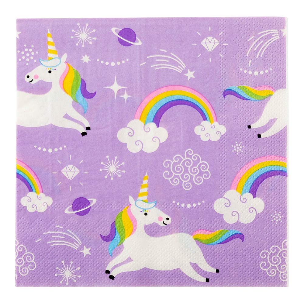 13 Inch Paper Luncheon Napkins, 20 Magical Unicorn Design Printed Napkins - 3-Ply, Textured Edges, Purple Paper Decorated Napkins, Soft And Strong, For Parties Or Catering Events - Restaurantware