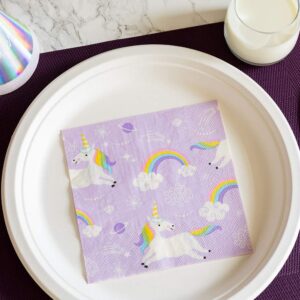 13 Inch Paper Luncheon Napkins, 20 Magical Unicorn Design Printed Napkins - 3-Ply, Textured Edges, Purple Paper Decorated Napkins, Soft And Strong, For Parties Or Catering Events - Restaurantware