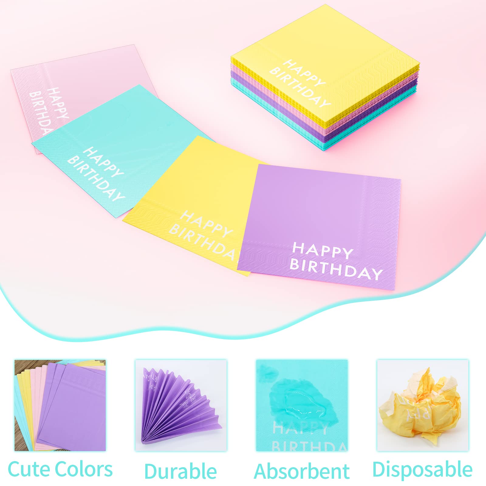 DYLIVeS Colorful Happy Birthday Napkins, 4-Multicolor Makaron Cocktail Napkins Yellow Pink Purple Blue Paper Napkins Disposable Rainbow Pastel Birthday Napkins for Girls Women Birthday Party, 48pcs