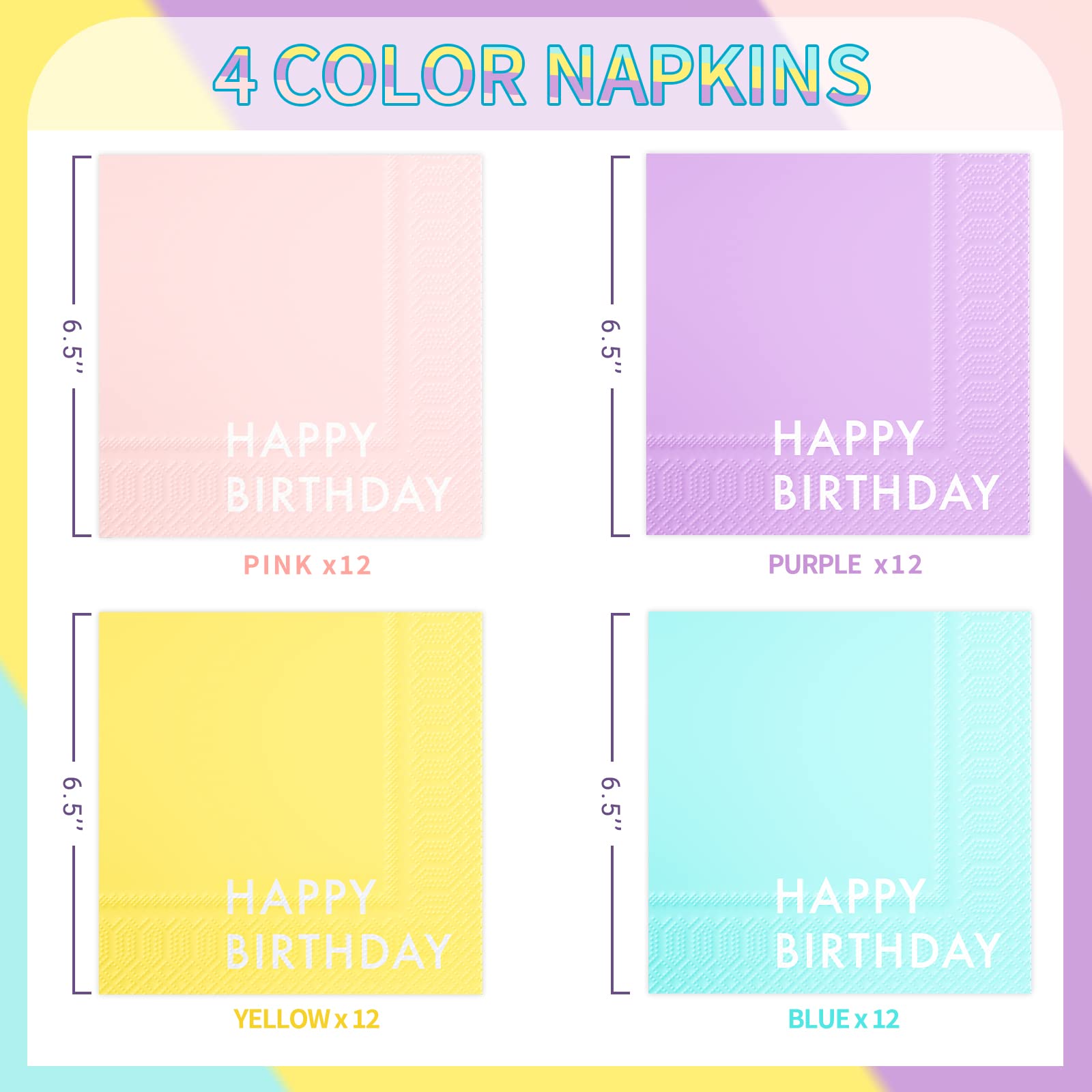 DYLIVeS Colorful Happy Birthday Napkins, 4-Multicolor Makaron Cocktail Napkins Yellow Pink Purple Blue Paper Napkins Disposable Rainbow Pastel Birthday Napkins for Girls Women Birthday Party, 48pcs