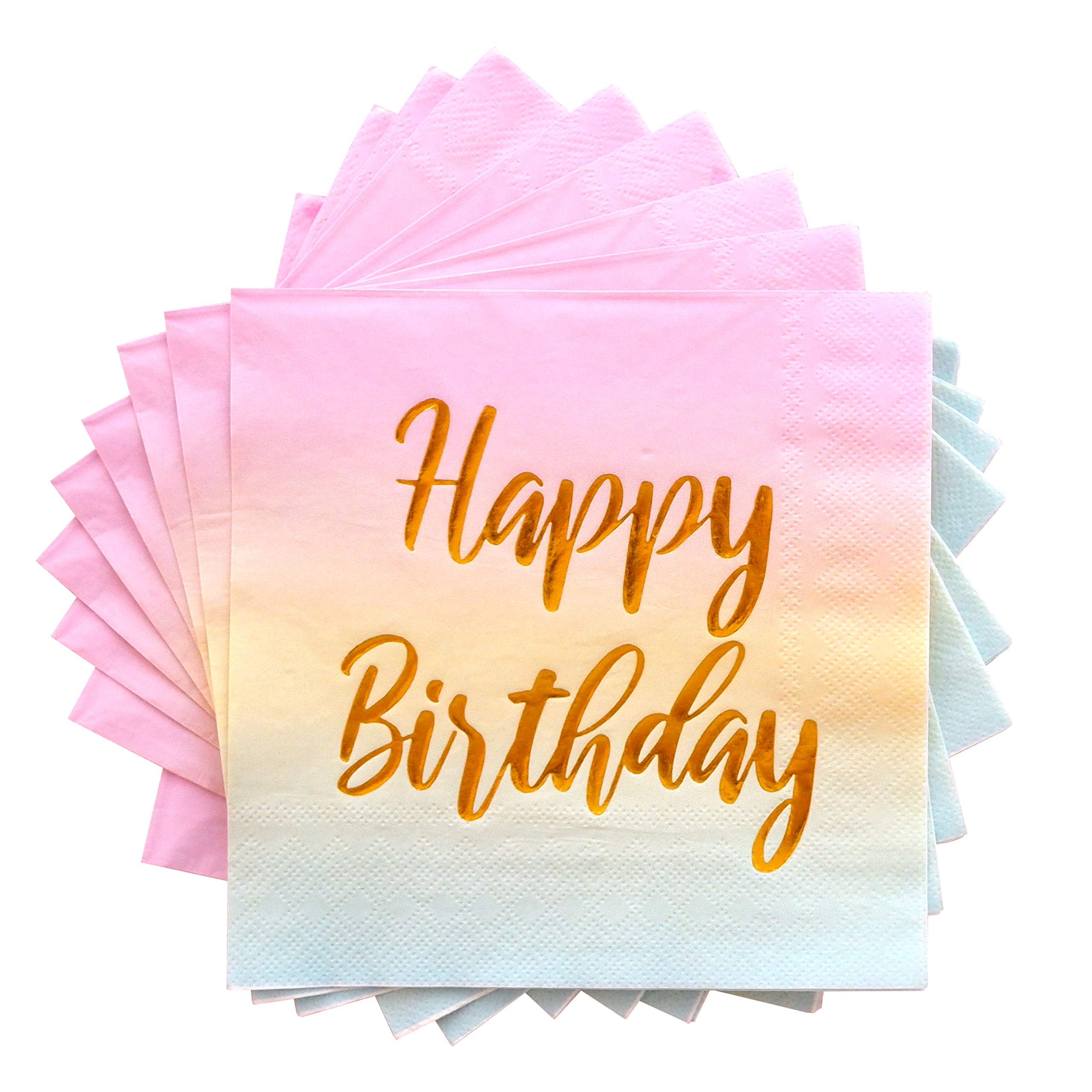 Happy Birthday Napkins - 50 Pack Pastel Metallic Birthday Disposable Paper Napkins with Gold Foil Printing on Pink Yellow Blue Ombre Gradient for Cocktail Party Supplies - 6.5" x 6.5" inches