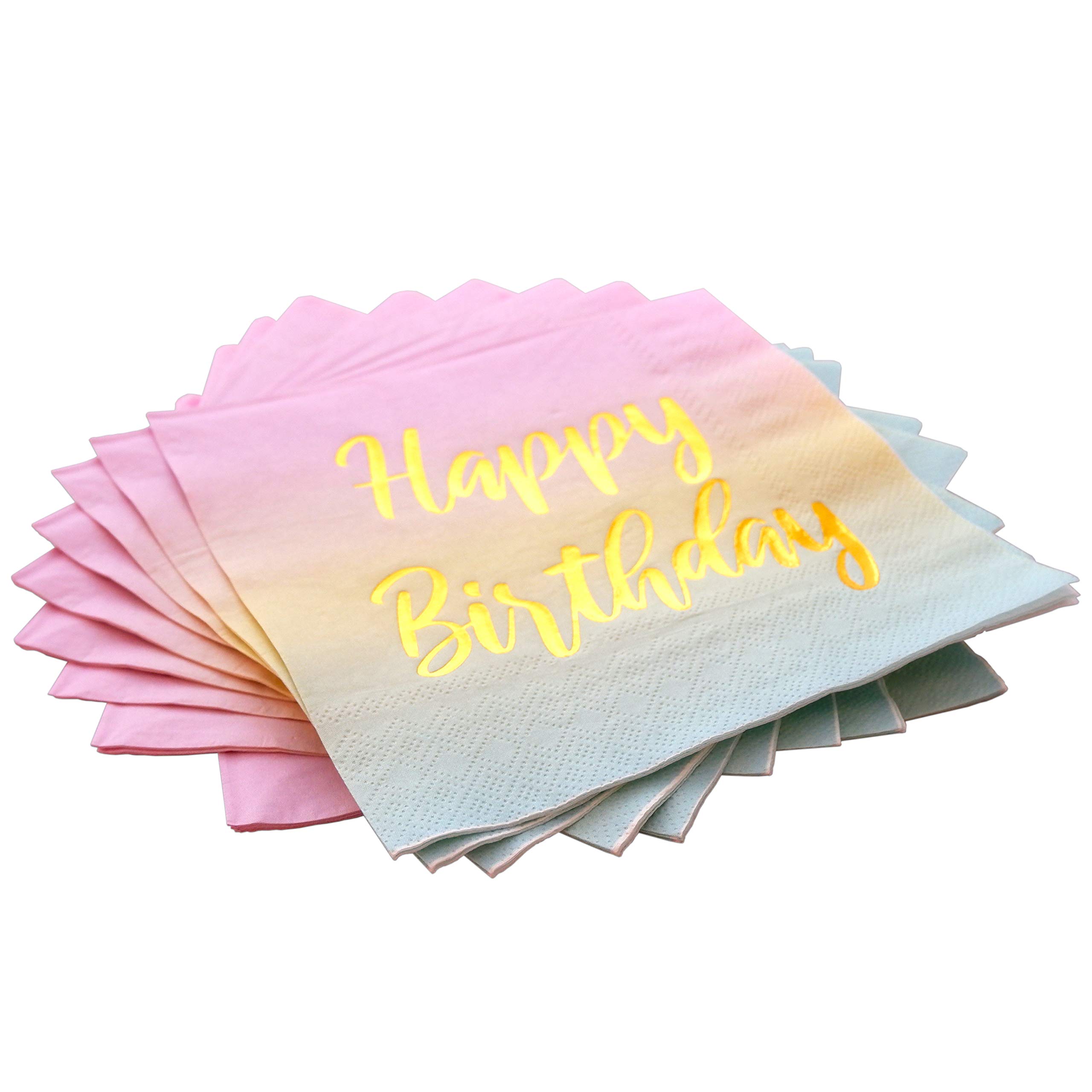 Happy Birthday Napkins - 50 Pack Pastel Metallic Birthday Disposable Paper Napkins with Gold Foil Printing on Pink Yellow Blue Ombre Gradient for Cocktail Party Supplies - 6.5" x 6.5" inches