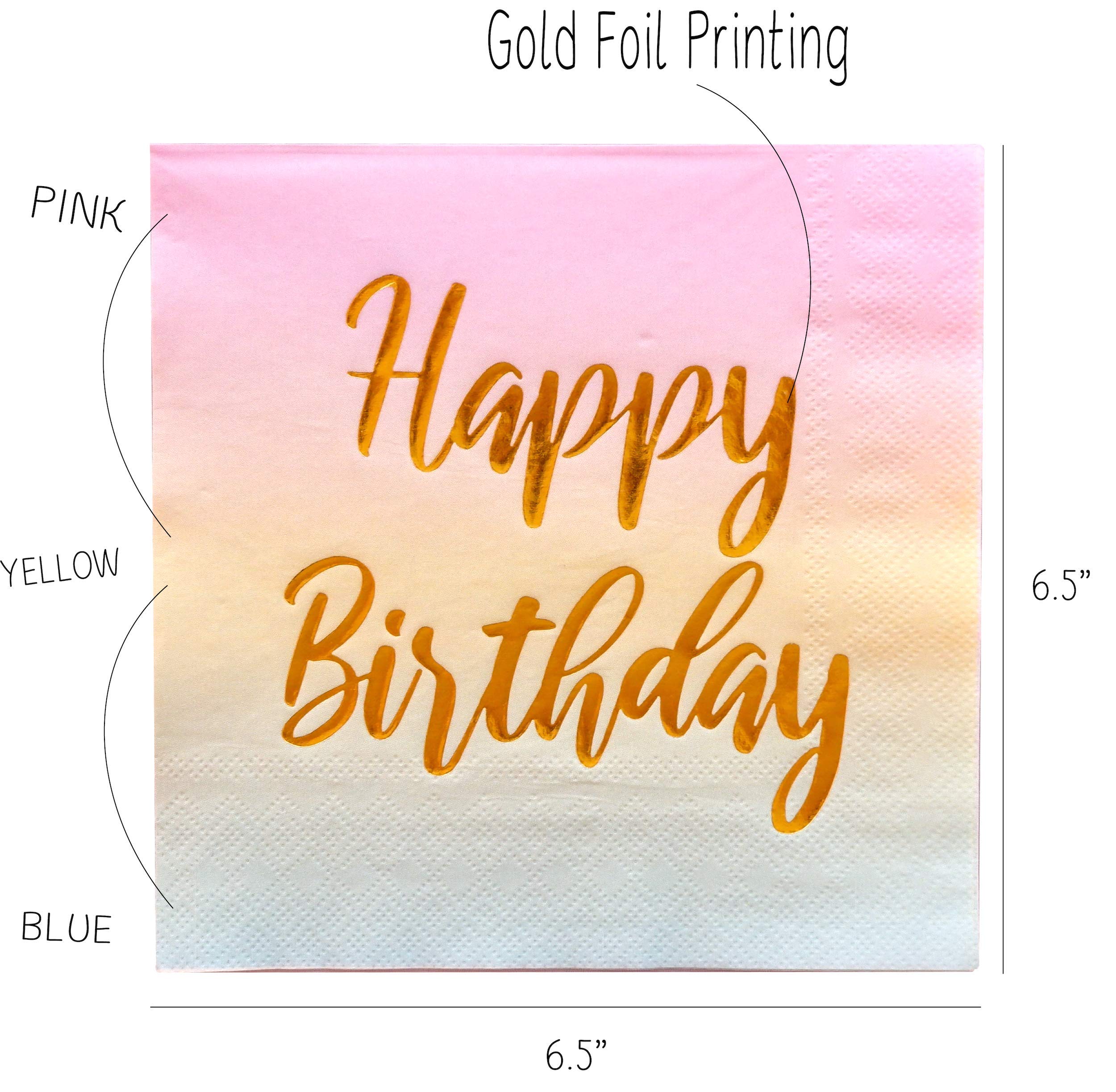 Happy Birthday Napkins - 50 Pack Pastel Metallic Birthday Disposable Paper Napkins with Gold Foil Printing on Pink Yellow Blue Ombre Gradient for Cocktail Party Supplies - 6.5" x 6.5" inches