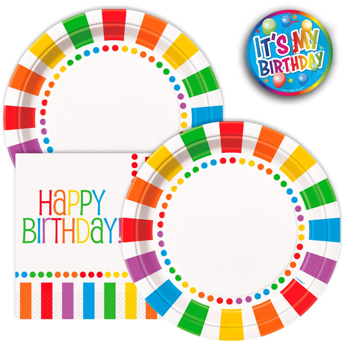 Lobyn Birthday Party Plates and Napkins Vibrant Birthday Rainbow Design 16 counts each of 9" Lunch Plates, 16 counts 6.5" Folded Lunch Napkins Perfect for Happy Birthday Celebrations