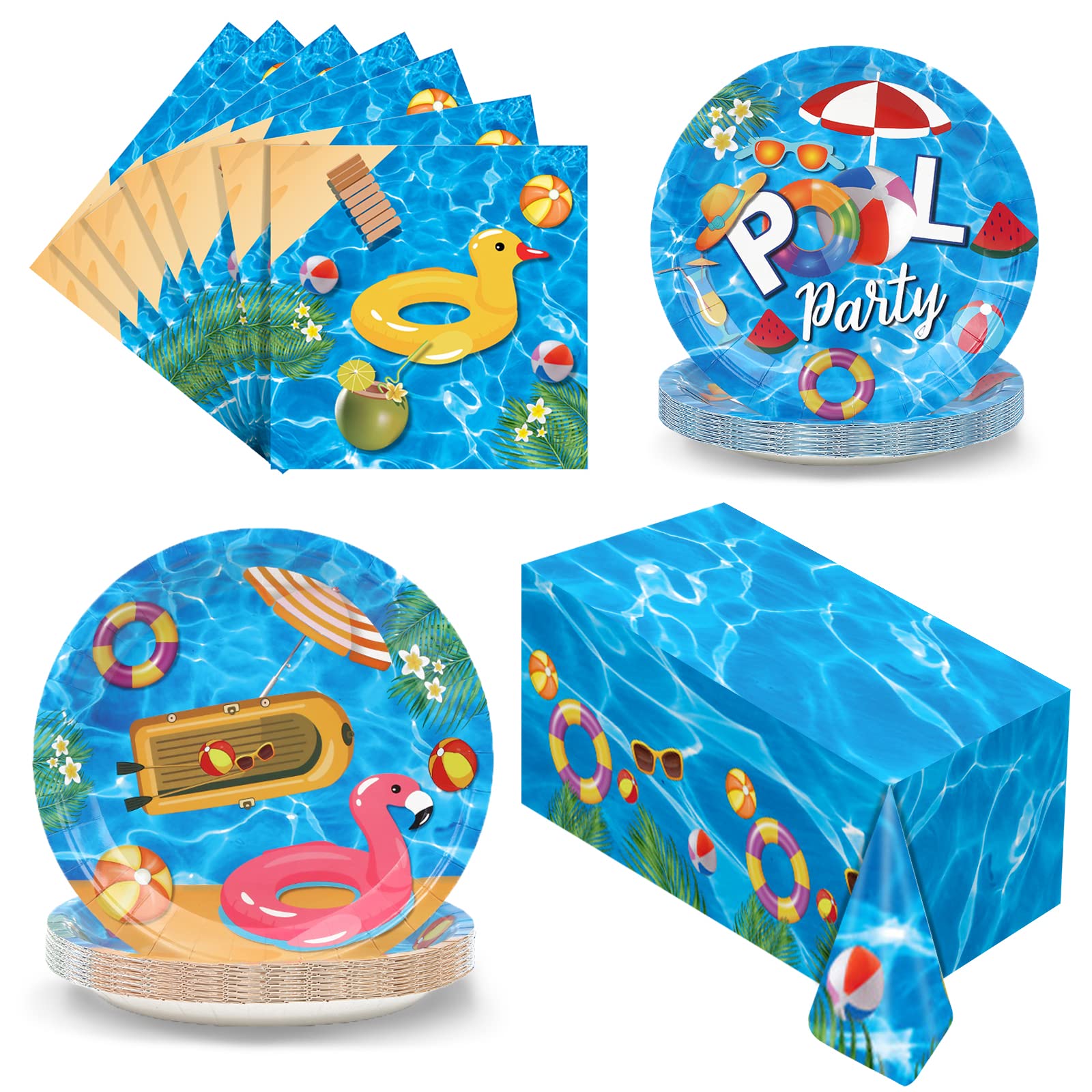 Pool Birthdy Party Tableware set,Beach Theme Party Supplies,Paper Plates,Napkins,Tablecloth for Kids Birthday, Pool,Beach,Summer Party,76 PCS,Serves 25