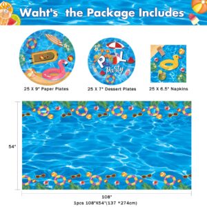 Pool Birthdy Party Tableware set,Beach Theme Party Supplies,Paper Plates,Napkins,Tablecloth for Kids Birthday, Pool,Beach,Summer Party,76 PCS,Serves 25