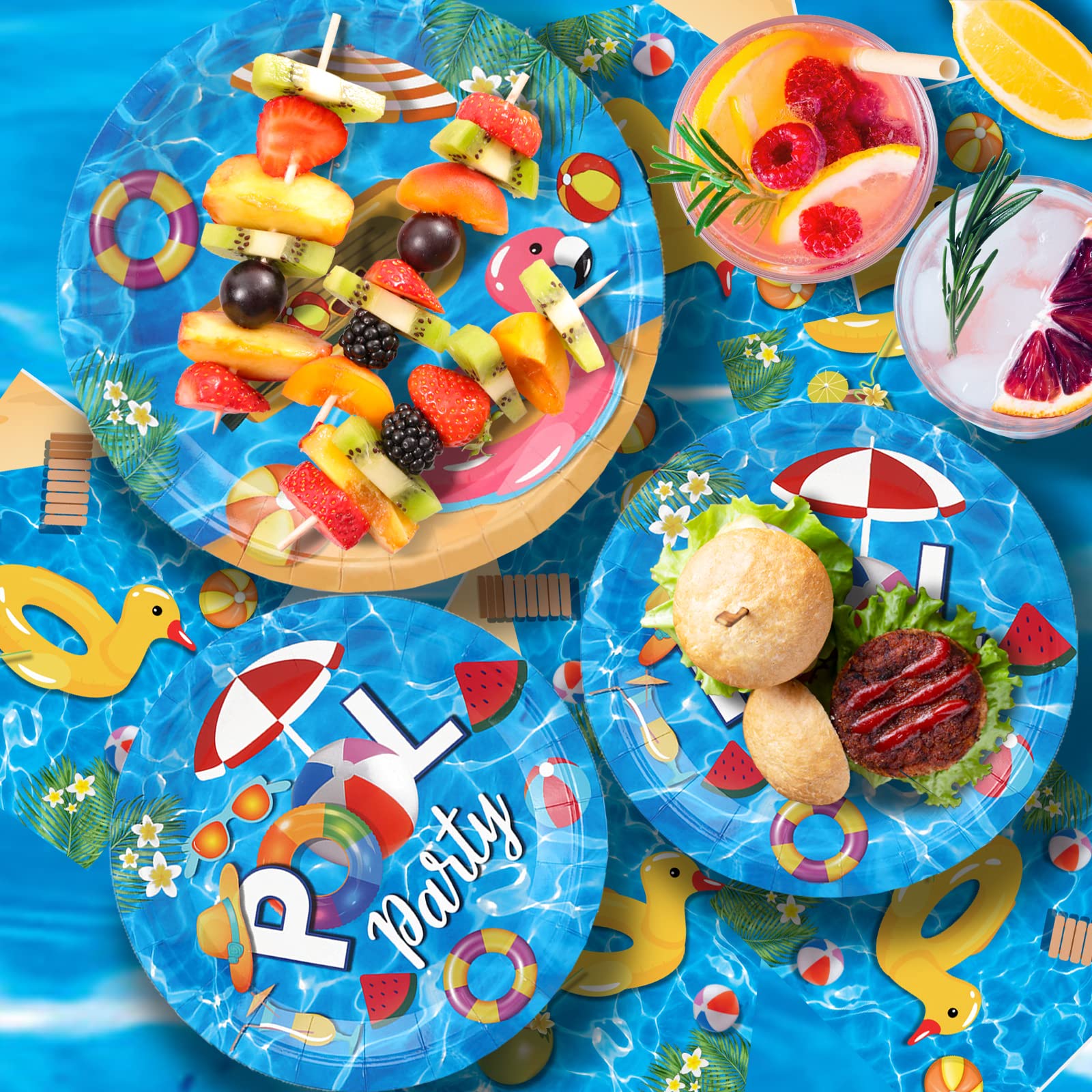 Pool Birthdy Party Tableware set,Beach Theme Party Supplies,Paper Plates,Napkins,Tablecloth for Kids Birthday, Pool,Beach,Summer Party,76 PCS,Serves 25