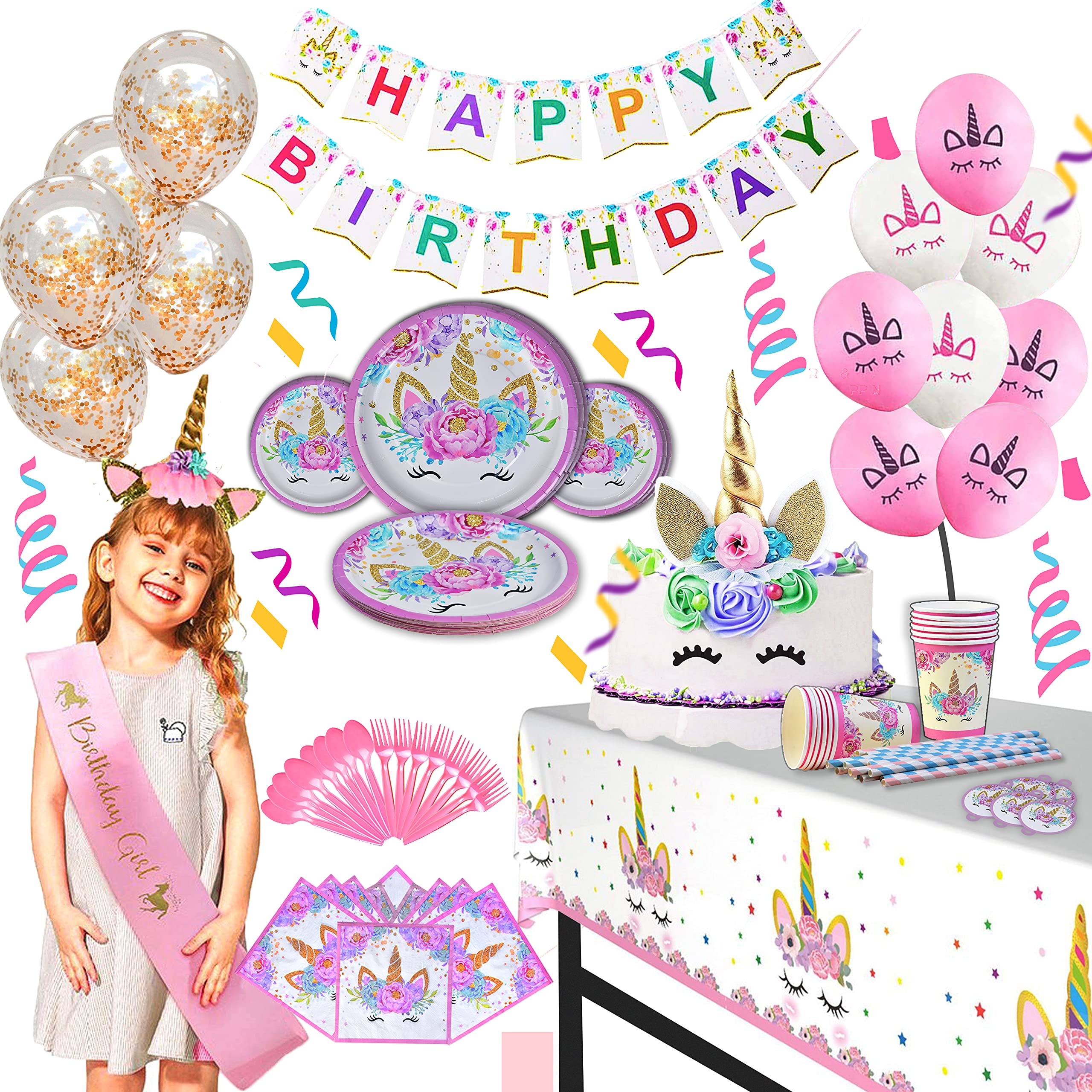 Unicorn Party Supplies Set - Serves 24 - Including Birthday Banner ,Large Tablecloth, Plates, Cups, Napkins, Straws , Headband, Sash, Unicorn Balloons & Much More.