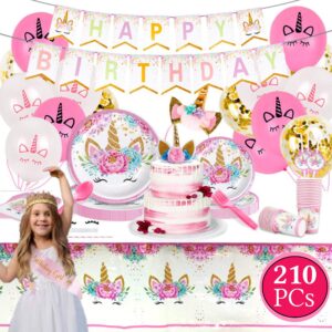 Unicorn Party Supplies Set - Serves 24 - Including Birthday Banner ,Large Tablecloth, Plates, Cups, Napkins, Straws , Headband, Sash, Unicorn Balloons & Much More.