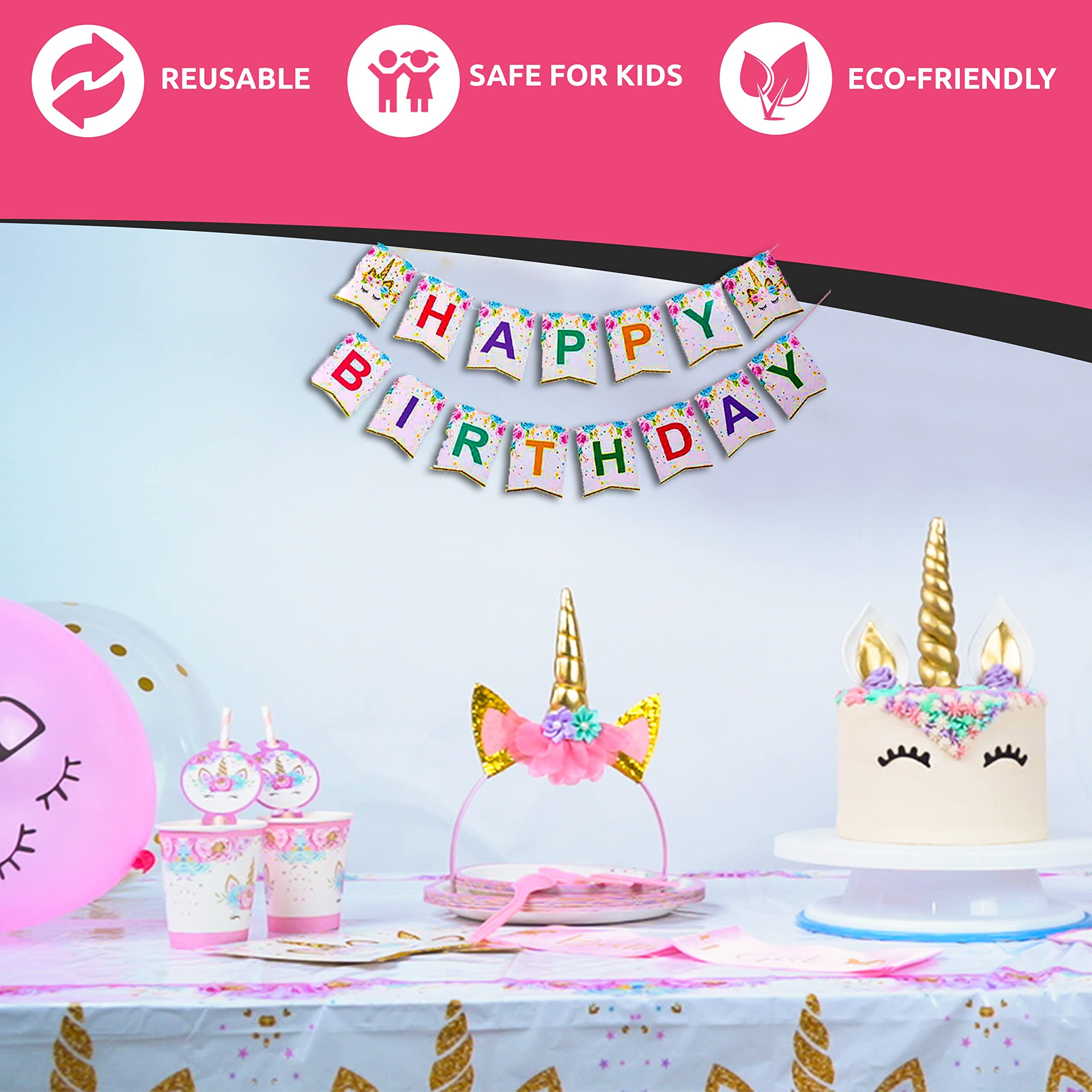 Unicorn Party Supplies Set - Serves 24 - Including Birthday Banner ,Large Tablecloth, Plates, Cups, Napkins, Straws , Headband, Sash, Unicorn Balloons & Much More.