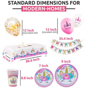 Unicorn Party Supplies Set - Serves 24 - Including Birthday Banner ,Large Tablecloth, Plates, Cups, Napkins, Straws , Headband, Sash, Unicorn Balloons & Much More.