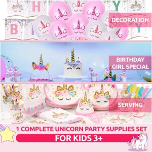 Unicorn Party Supplies Set - Serves 24 - Including Birthday Banner ,Large Tablecloth, Plates, Cups, Napkins, Straws , Headband, Sash, Unicorn Balloons & Much More.