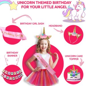 Unicorn Party Supplies Set - Serves 24 - Including Birthday Banner ,Large Tablecloth, Plates, Cups, Napkins, Straws , Headband, Sash, Unicorn Balloons & Much More.