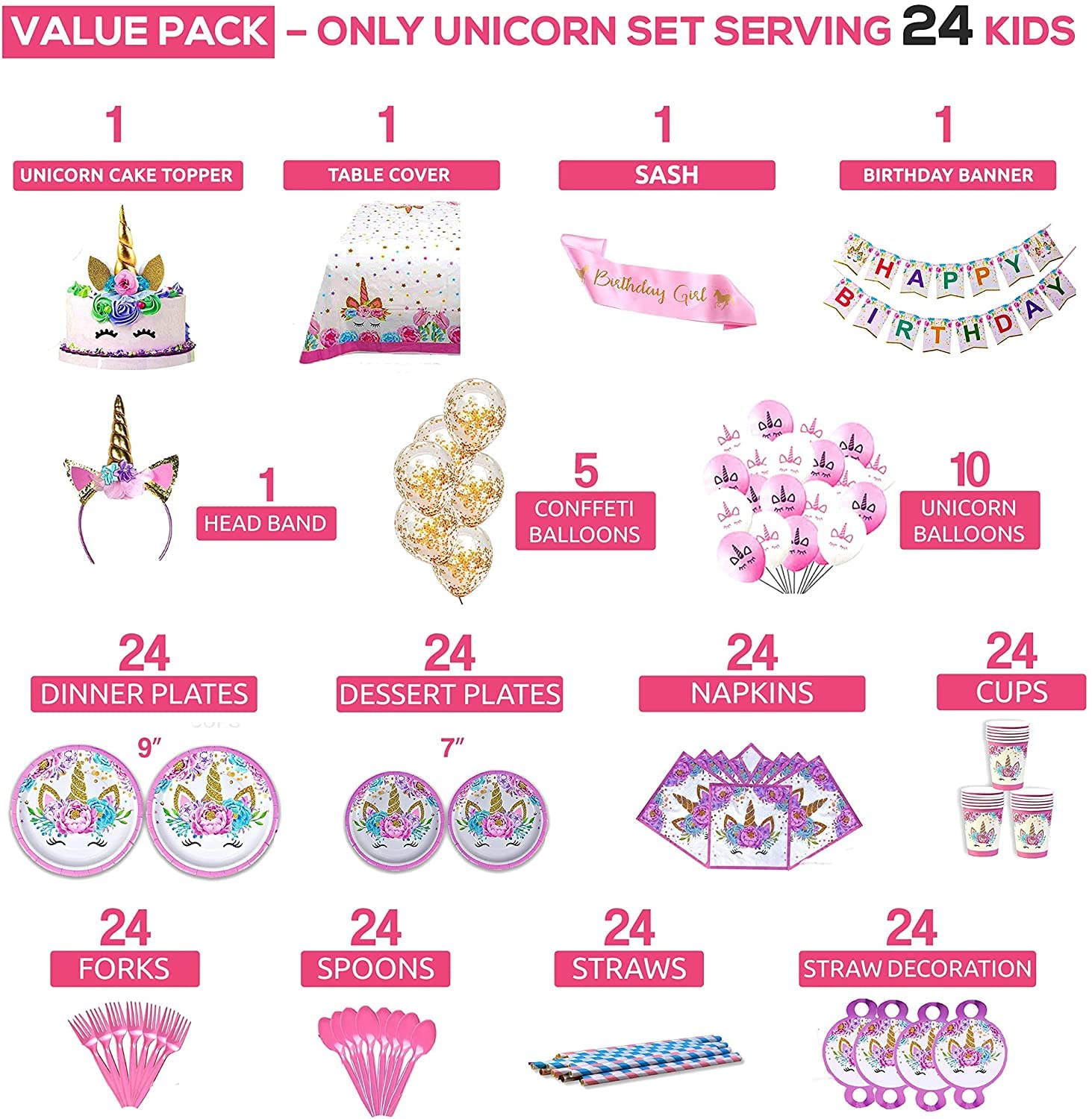 Unicorn Party Supplies Set - Serves 24 - Including Birthday Banner ,Large Tablecloth, Plates, Cups, Napkins, Straws , Headband, Sash, Unicorn Balloons & Much More.