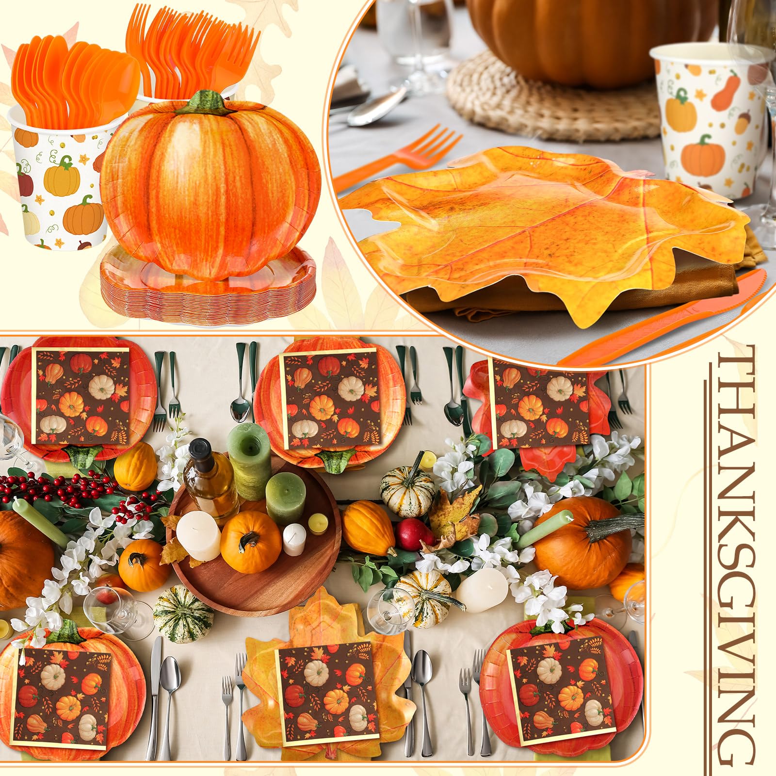 Suttmin 350 Pieces Thanksgiving Disposable Dinnerware Set, Serves 50, Thanksgiving Paper Plates Pumpkin Napkins Fall Cups Cutlery for Fall Autumn Harvest Party Decorations