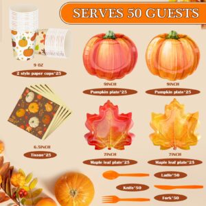 Suttmin 350 Pieces Thanksgiving Disposable Dinnerware Set, Serves 50, Thanksgiving Paper Plates Pumpkin Napkins Fall Cups Cutlery for Fall Autumn Harvest Party Decorations