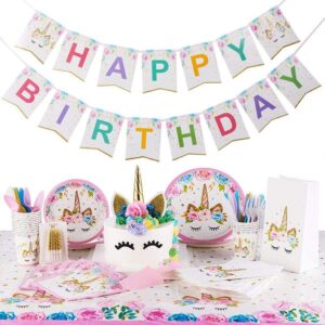 discovering diy unicorn birthday decorations for girls - party supplies kit for 16 guests w/ plates, cups, goody bags, utensils, napkins, cake cutter & topper, candles, table cloth and banner