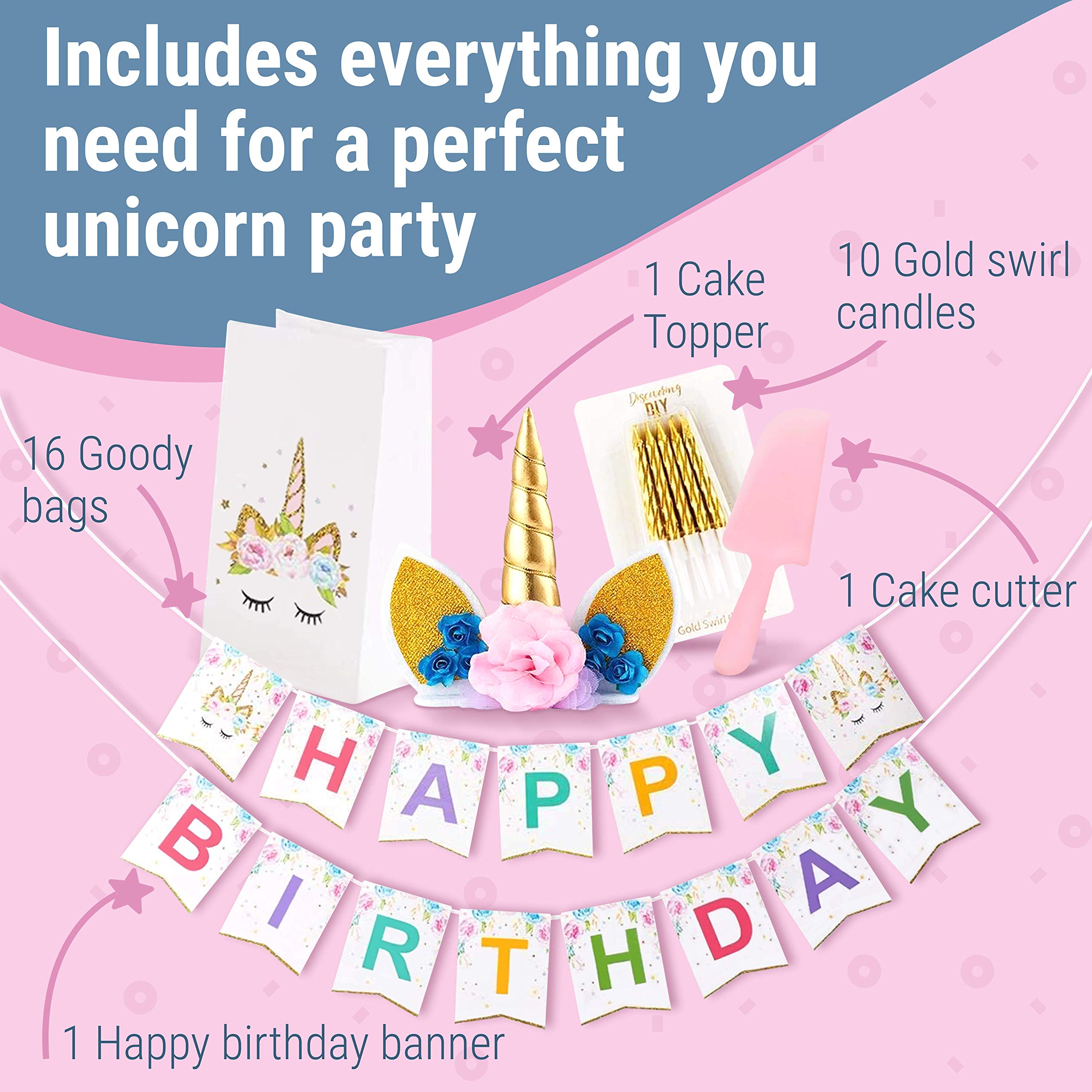 Discovering DIY Unicorn Birthday Decorations for Girls - Party Supplies Kit for 16 Guests w/ Plates, Cups, Goody Bags, Utensils, Napkins, Cake Cutter & Topper, Candles, Table Cloth and Banner