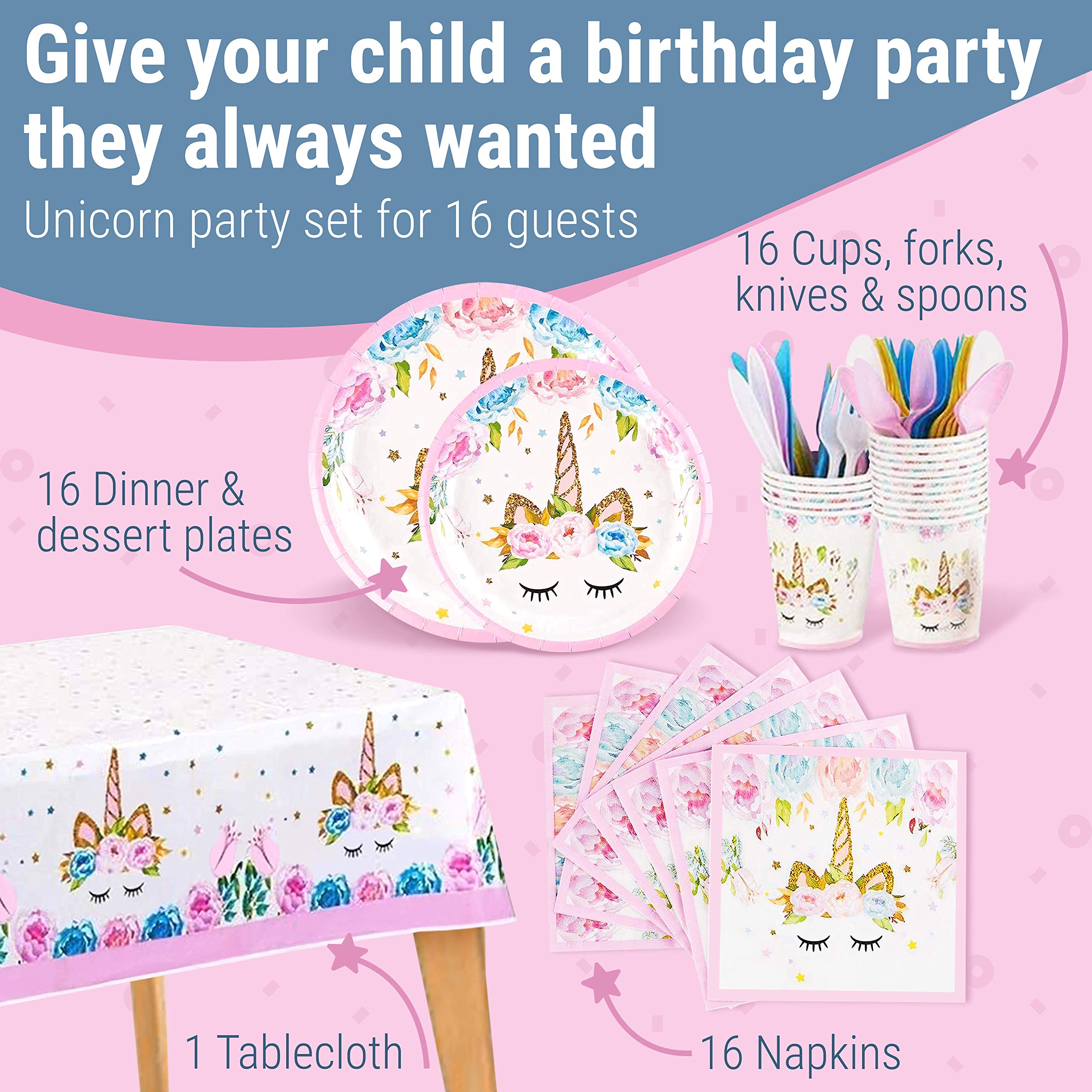 Discovering DIY Unicorn Birthday Decorations for Girls - Party Supplies Kit for 16 Guests w/ Plates, Cups, Goody Bags, Utensils, Napkins, Cake Cutter & Topper, Candles, Table Cloth and Banner