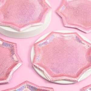 xo, Fetti Pink Holographic Starburst Foil Plates - 25 pcs | Happy Birthday Party Decorations, Holiday Party, Cool Cake Plates, Pink Bachelorette Disposable Party Plates