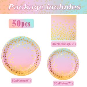 Boocikey 150PCS Pastel Rainbow Plates and Napkins Party Supplies Golden Dot Pastel Paper Plates Disposable for 50 Guests Pastel Rainbow Party Decorations for Pastel Party Decorations