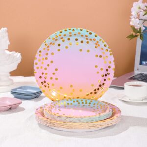 Boocikey 150PCS Pastel Rainbow Plates and Napkins Party Supplies Golden Dot Pastel Paper Plates Disposable for 50 Guests Pastel Rainbow Party Decorations for Pastel Party Decorations