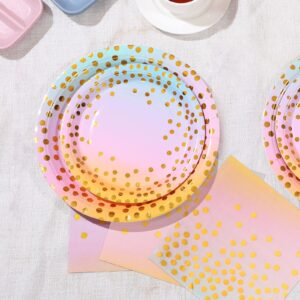 Boocikey 150PCS Pastel Rainbow Plates and Napkins Party Supplies Golden Dot Pastel Paper Plates Disposable for 50 Guests Pastel Rainbow Party Decorations for Pastel Party Decorations