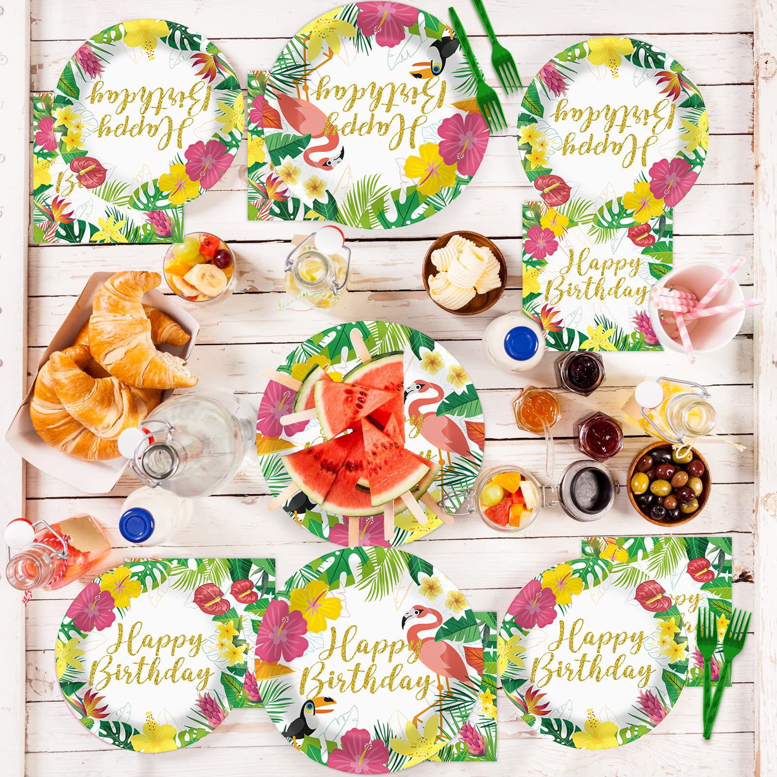 96 Pieces Tropical Birthday Decorations Hawaiian Aloha Party Supplies Tableware Set Disposable Plates Party Plates Napkins Forks for Tropical Theme Baby Shower for Summer Pool Party Favor 24 Guests