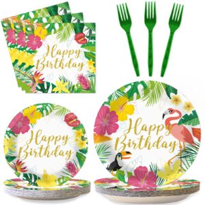 96 Pieces Tropical Birthday Decorations Hawaiian Aloha Party Supplies Tableware Set Disposable Plates Party Plates Napkins Forks for Tropical Theme Baby Shower for Summer Pool Party Favor 24 Guests