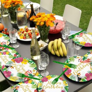 96 Pieces Tropical Birthday Decorations Hawaiian Aloha Party Supplies Tableware Set Disposable Plates Party Plates Napkins Forks for Tropical Theme Baby Shower for Summer Pool Party Favor 24 Guests