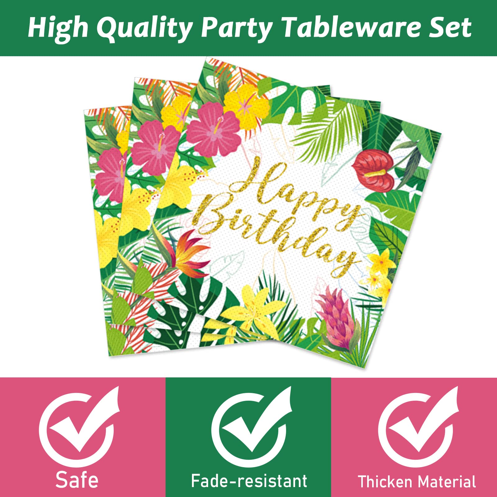 96 Pieces Tropical Birthday Decorations Hawaiian Aloha Party Supplies Tableware Set Disposable Plates Party Plates Napkins Forks for Tropical Theme Baby Shower for Summer Pool Party Favor 24 Guests