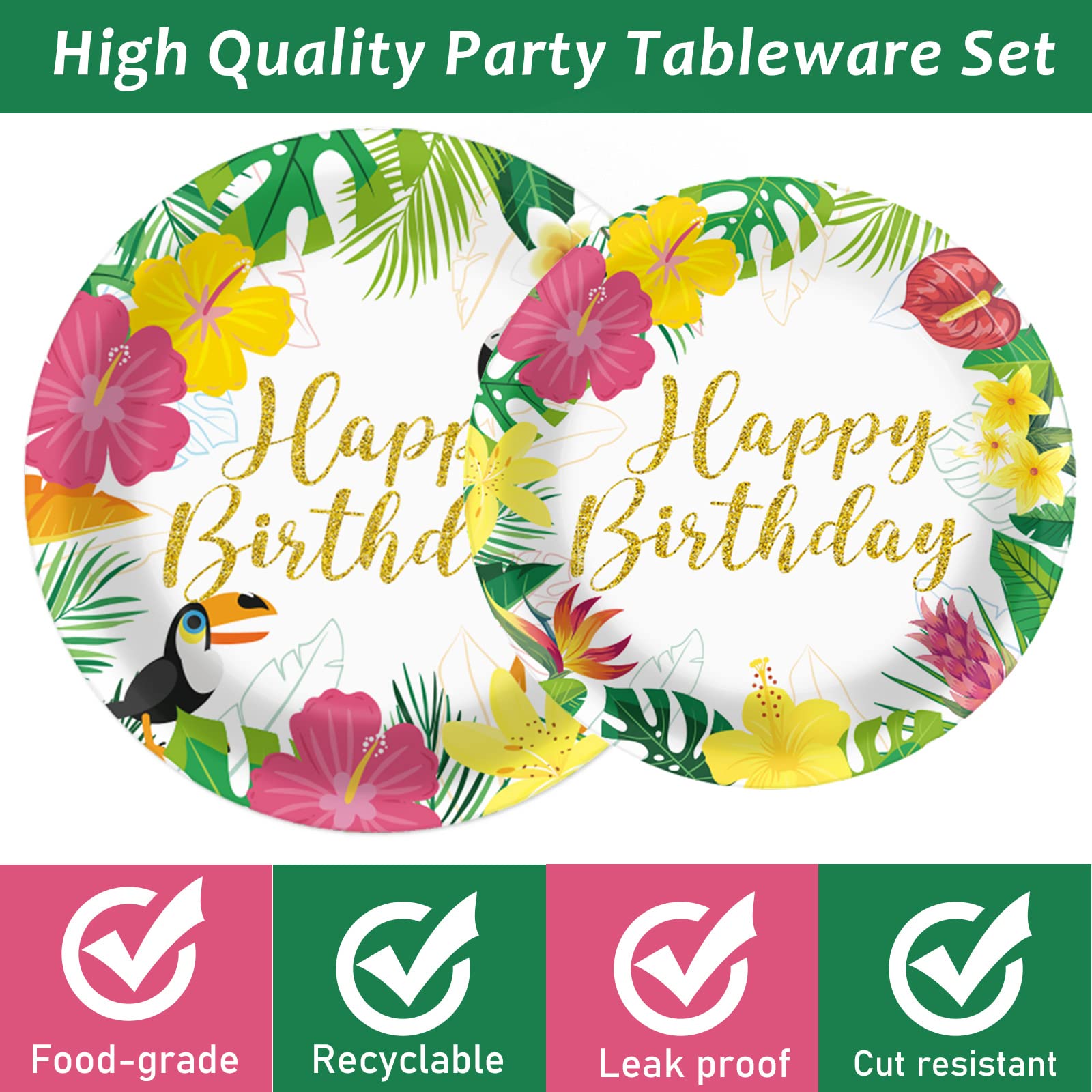 96 Pieces Tropical Birthday Decorations Hawaiian Aloha Party Supplies Tableware Set Disposable Plates Party Plates Napkins Forks for Tropical Theme Baby Shower for Summer Pool Party Favor 24 Guests