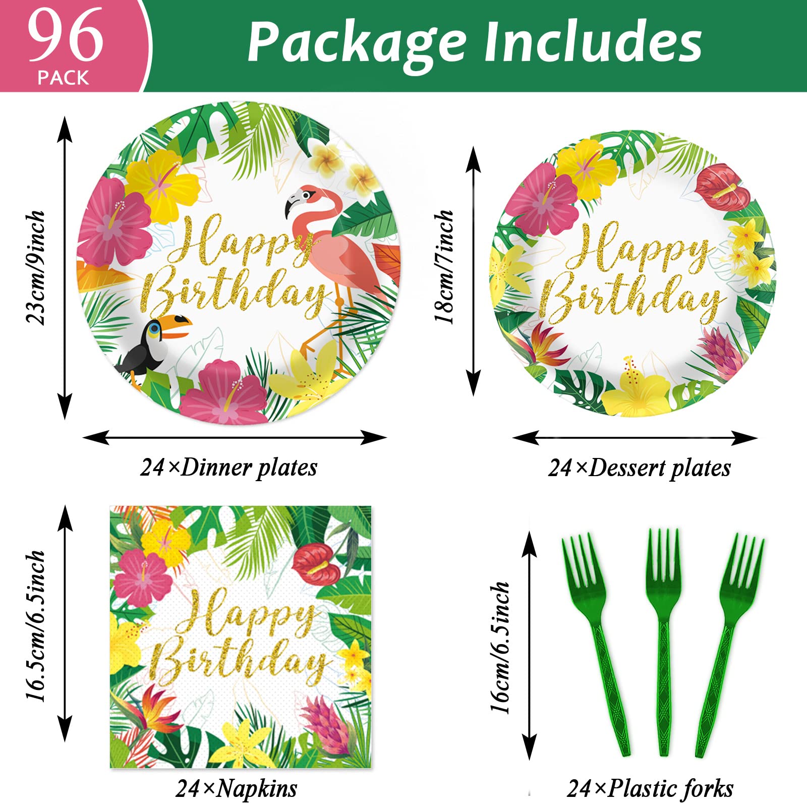 96 Pieces Tropical Birthday Decorations Hawaiian Aloha Party Supplies Tableware Set Disposable Plates Party Plates Napkins Forks for Tropical Theme Baby Shower for Summer Pool Party Favor 24 Guests