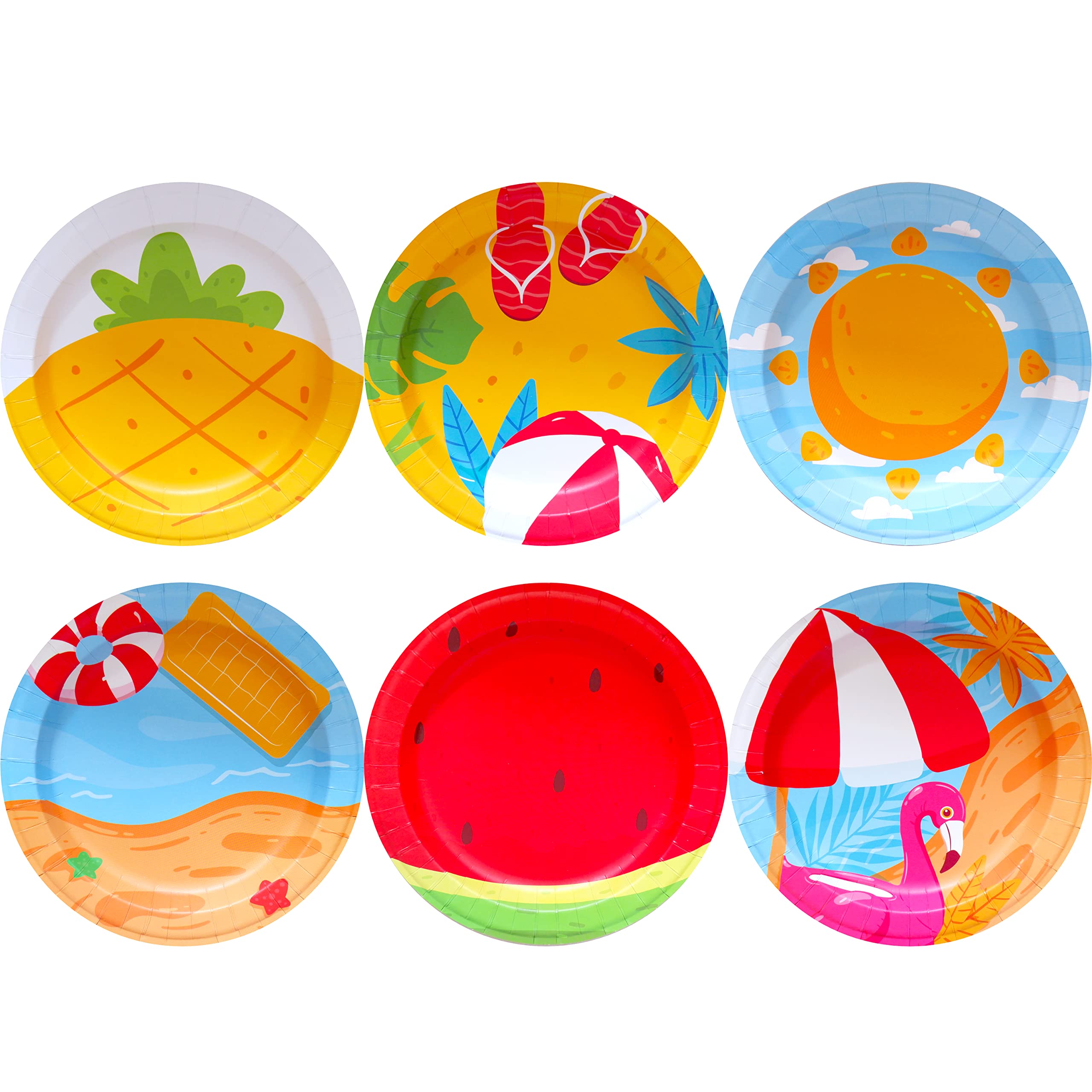 Paper Plates - 60-Count Small Disposable Colorful Cute Summer Party Plates in 6 Assorted Summer Theme Designs - Beach Party Supplies for Pool Birthday, Dessert, Tea Party - 8" x 8"