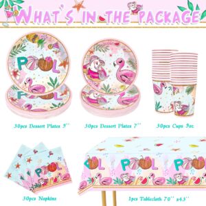 Summer Pool Party Decorations- 121PCS Pink Pool Plates and Napkins Set Beach Party Cups Tablecloths Flamingos Unicorns for Kids Boys Girls Luau Hawaiian Summer Theme Birthday Party Supplies 30 Guest