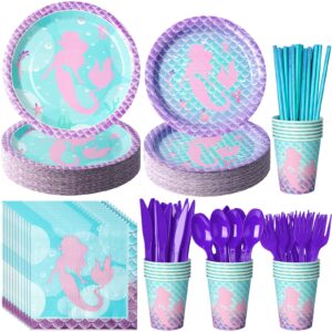 200pcs mermaid paper plates and napkins set,mermaid birthday party supplies disposable dinner tableware plates napkins cups knives spoons fork for mermaid kids birthday party decorations,serve 25guest