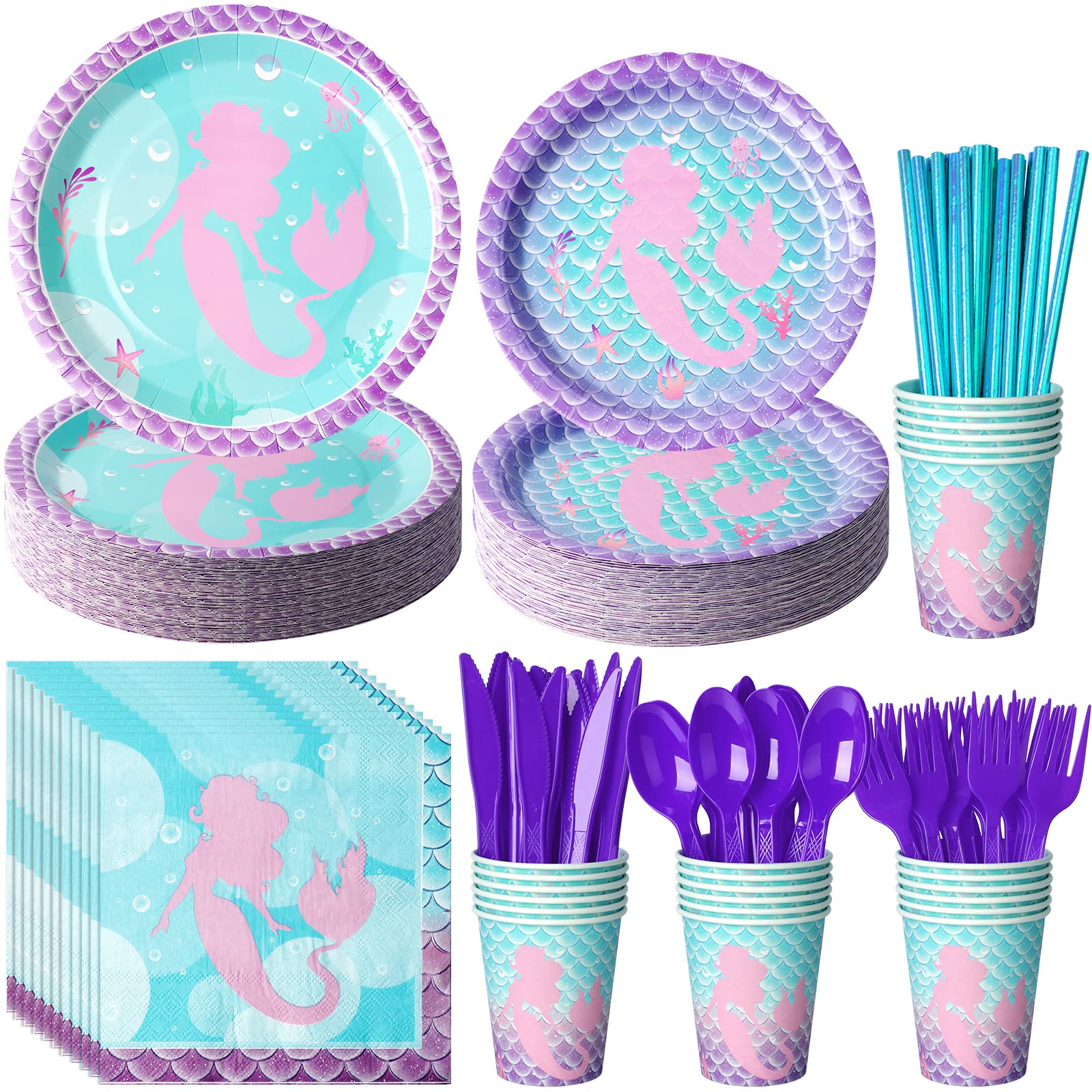 200Pcs Mermaid Paper Plates and Napkins Set,Mermaid Birthday Party Supplies Disposable Dinner Tableware Plates Napkins Cups Knives Spoons Fork for Mermaid Kids Birthday Party Decorations,Serve 25Guest