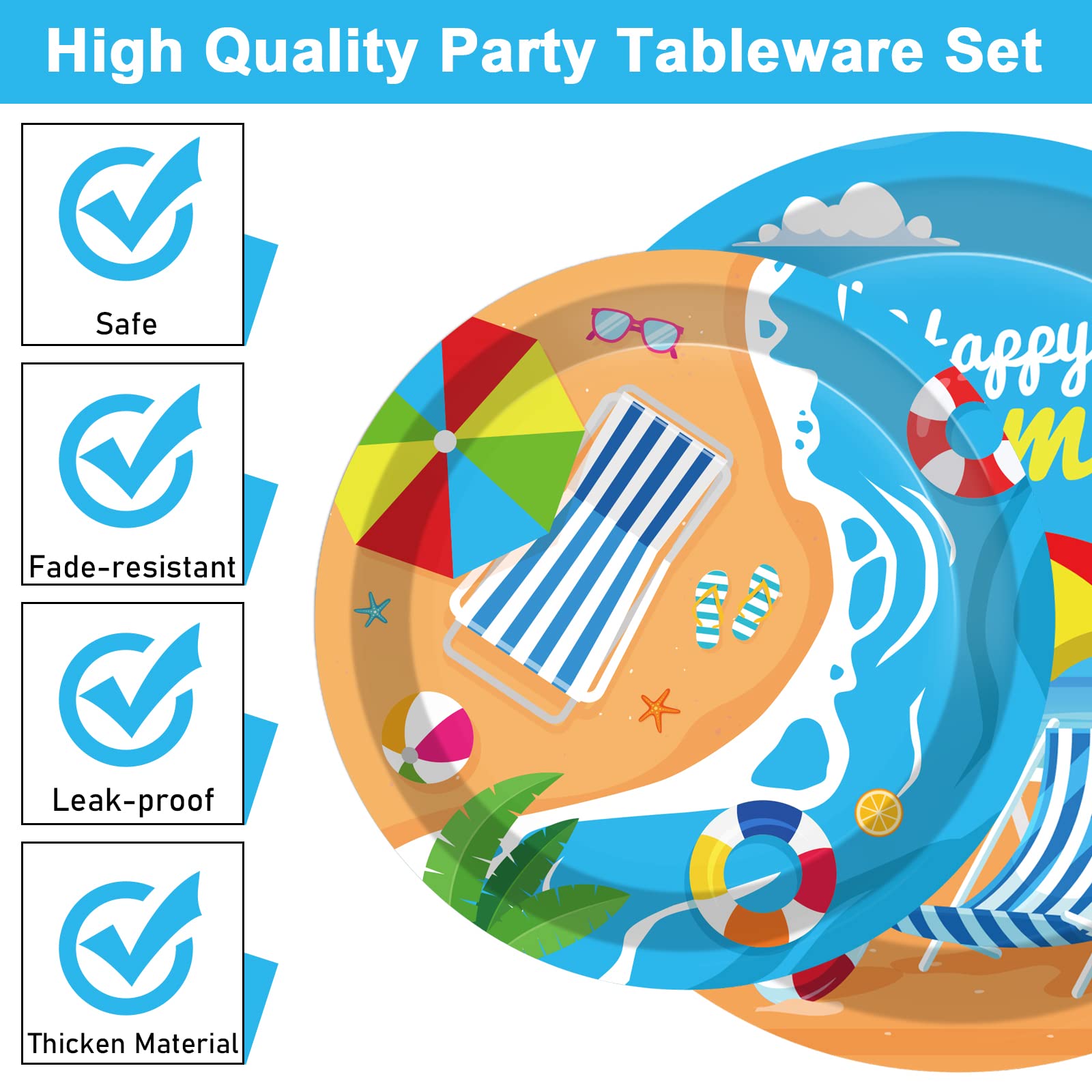 96 Pcs Beach Party Supplies Paper Plates Napkins Summer Beach Hawaiian Pool Party Birthday Decorations Favors for Kids Serves 24