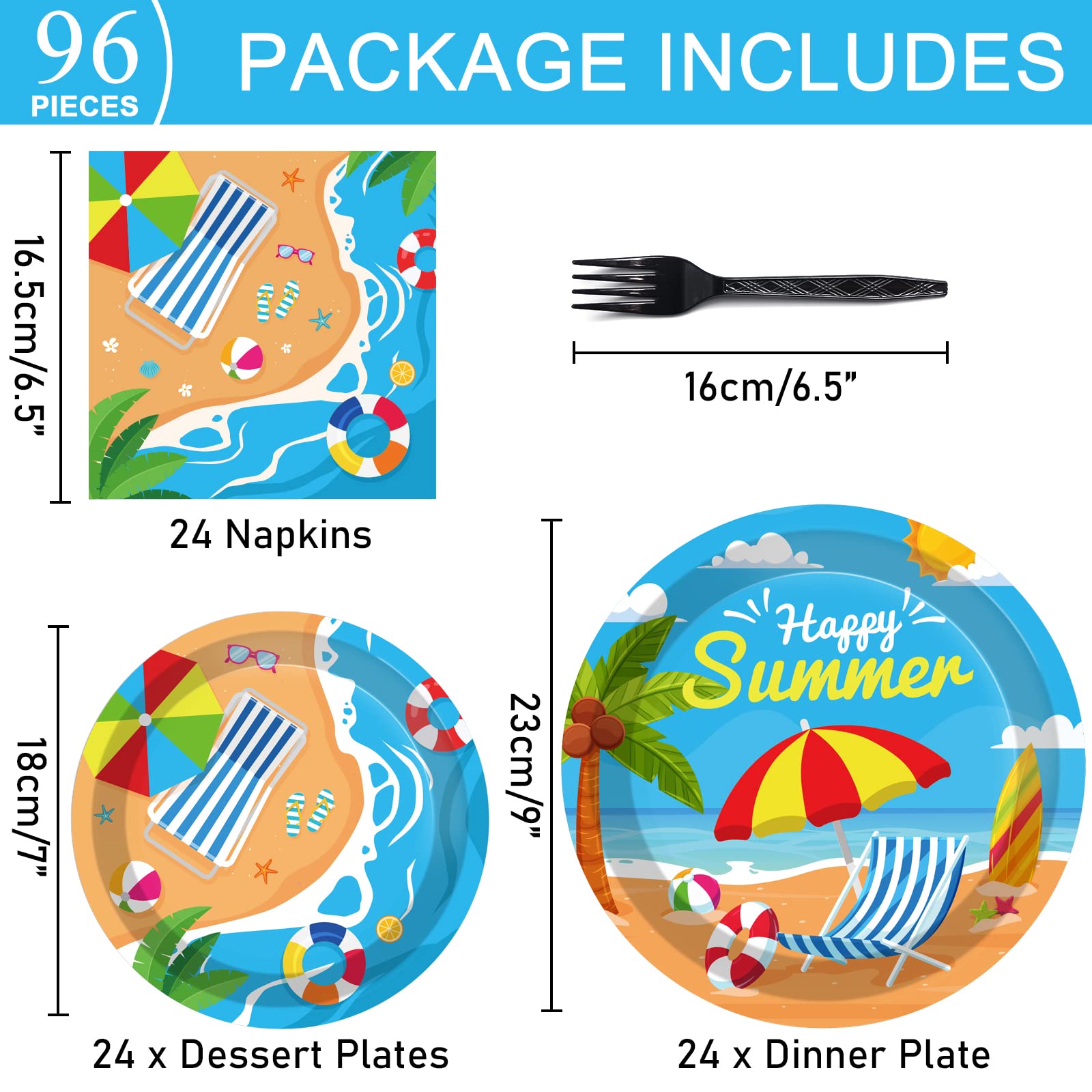 96 Pcs Beach Party Supplies Paper Plates Napkins Summer Beach Hawaiian Pool Party Birthday Decorations Favors for Kids Serves 24