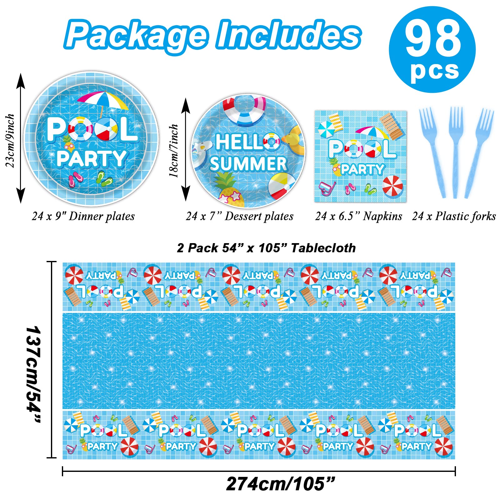 98 Pieces Pool Party Decorations Summer Beach Birthday Party Tablecloths Pool Surfboard Party Tableware Sets for Hawaiian Birthday Baby Shower Party Supplies Favors