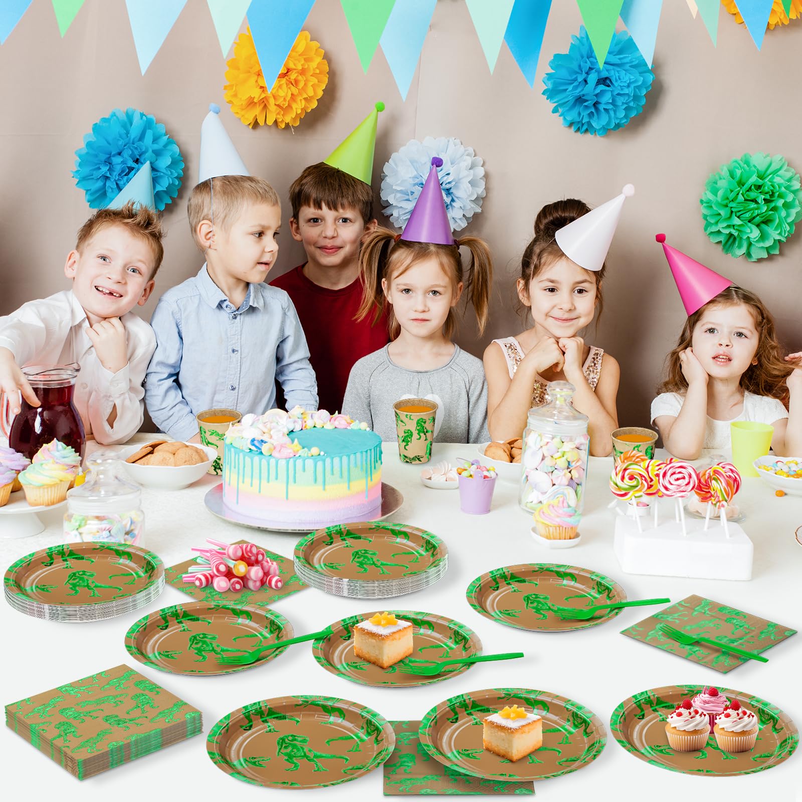 DYLIVeS Green Foil Dinosaur Birthday Party Decorations,Rawr Dinosaur Disposable Tableware Set Dinosaur Rex Party Supplies for Boys, 9'' Dinosaur Dinner Plates and Napkins Cups Forks Set, Serves 24