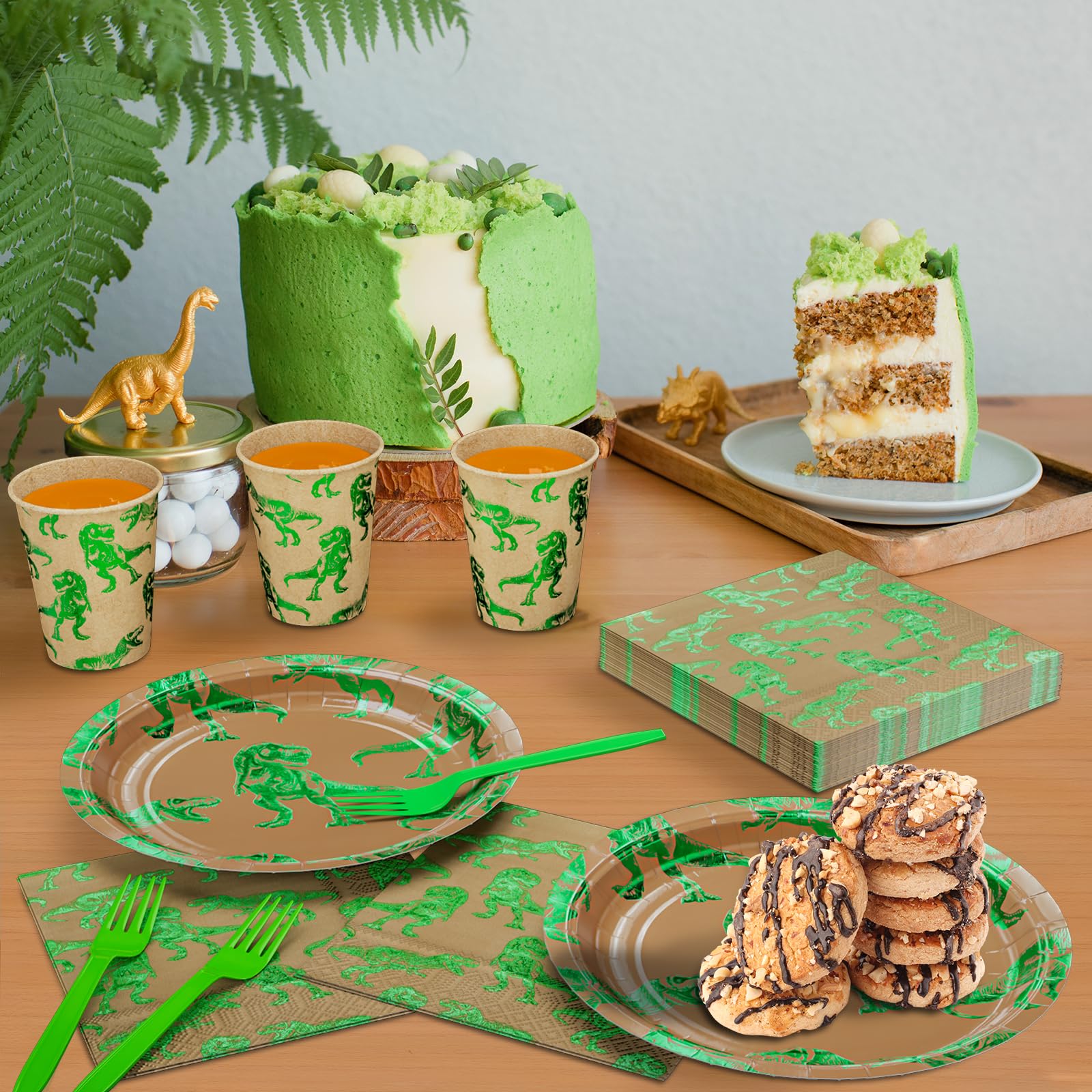 DYLIVeS Green Foil Dinosaur Birthday Party Decorations,Rawr Dinosaur Disposable Tableware Set Dinosaur Rex Party Supplies for Boys, 9'' Dinosaur Dinner Plates and Napkins Cups Forks Set, Serves 24