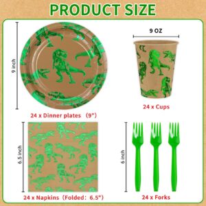 DYLIVeS Green Foil Dinosaur Birthday Party Decorations,Rawr Dinosaur Disposable Tableware Set Dinosaur Rex Party Supplies for Boys, 9'' Dinosaur Dinner Plates and Napkins Cups Forks Set, Serves 24