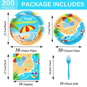 200 Pieces Beach Party Supplies Summer Birthday Party Decorations Disposable Paper Plates Napkins Forks Dinnerware Tableware Set Beach Party Decoration Favors For Kids Serves 50