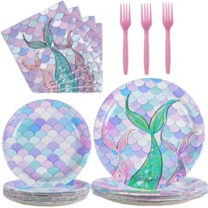 Mermaid Paper Plates and Napkins for Kids Party Purple Mermaid Tail Theme Plates Forks Set Disposable Tableware Girls Birthday Dessert Tea Party Decoration Under the Sea Supplies