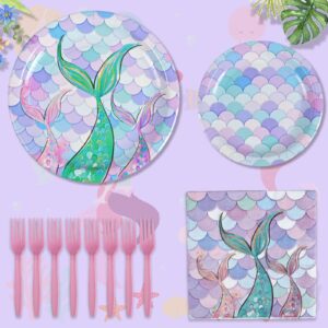 Mermaid Paper Plates and Napkins for Kids Party Purple Mermaid Tail Theme Plates Forks Set Disposable Tableware Girls Birthday Dessert Tea Party Decoration Under the Sea Supplies