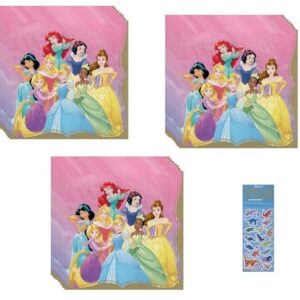 Disney Princess Party Supplies Bundle Pack includes 48 Paper Napkins and 1 Dinosaur Sticker Sheet