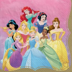 Disney Princess Party Supplies Bundle Pack includes 48 Paper Napkins and 1 Dinosaur Sticker Sheet